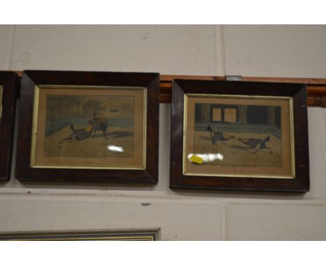 A set of four rosewood framed coloured prints depicting cock fighting scenes