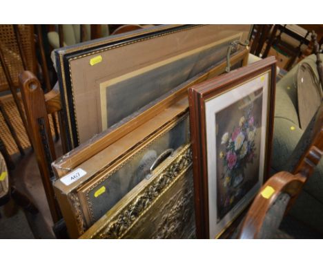 A quantity of various pictures, prints, a brass embossed screen etc. 