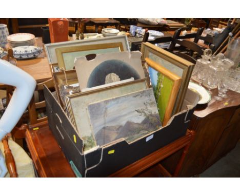 A box of oil paintings, watercolours, and prints