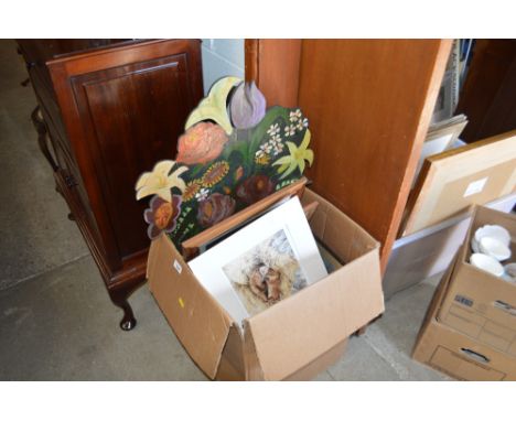 A box of various prints and oil paintings etc. 