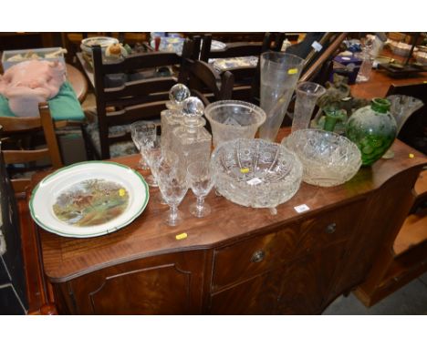 Two glass decanters; various glass bowls and vases; an elephant ornament; and an Copeland hunting scene plate