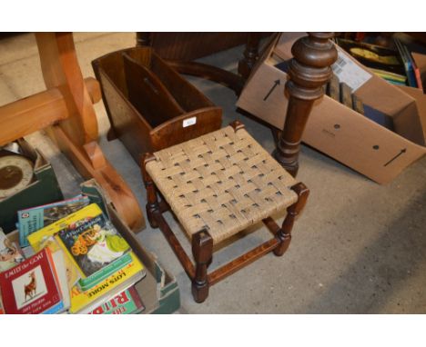 An oak magazine rack; and a string topped stool