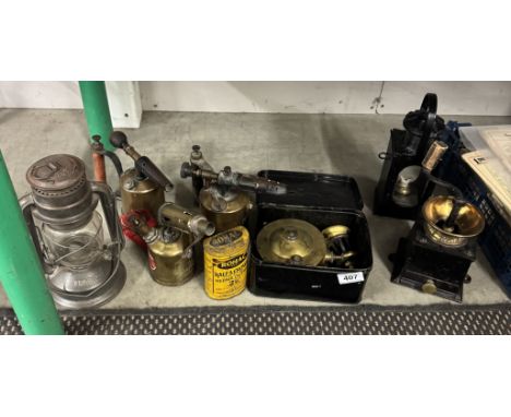 A quantity of vintage brass blow lamps, coffee grinder, Primus camping stove, 2 lanterns etc