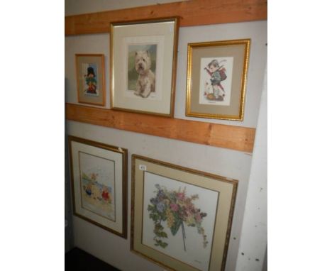 Five framed and glazed needlepoints including Paddington bear and Hummel figure.