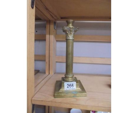 A Victorian brass Corinthian column oil lamp base, 24 cm tall, base 10.5cm x 10.5cm, undrilled.