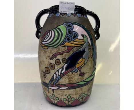 A large circa 1900 Austrian amphora vase decorated with tube lined with exotic birds. Back stamp to base for Riessner Stellma