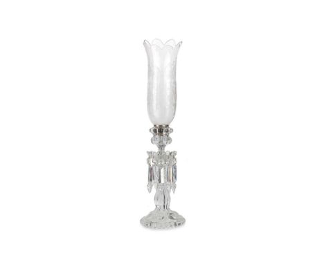 BACCARAT, CLEAR GLASS CANDLESTICK, the scalloped storm shade etched with scrolls and foliage, over a lobed sconce, the drip p