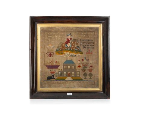 VICTORIAN SEWN SAMPLER, 1857 reads "JEAN CLARK SOWED THIS WITH MRS BAIRD"  dated 1857, framed and under glassthe sampler 46.5