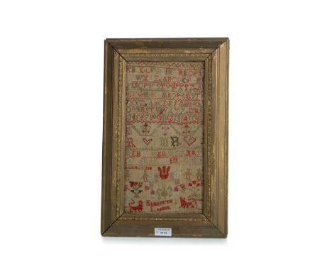 VICTORIAN ALPHABETICAL AND PICTORIAL NEEDLEWORK SAMPLER, MID 19TH CENTURY  named Elizabeth ... (indistinct), in a gilt painte