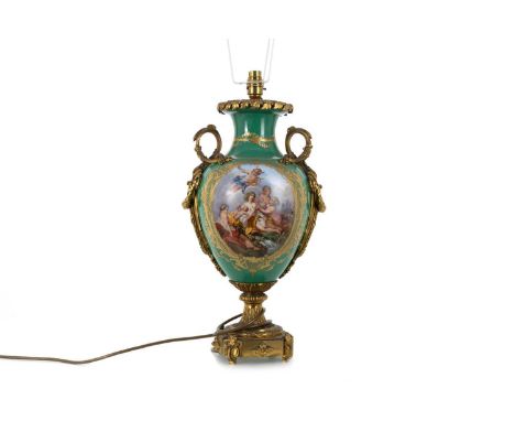 AUSTRIAN VIENNA STYLE, VASE LAMP,  the ceramic body of baluster form with flaring neck and applied gilded metal floral rim an