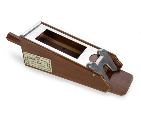 MAHOGANY CROUPIERS CARD SHOE, MAKER ASPREY OF LONDON with octagonal shaped and tapered handle, the tapered body bearing label