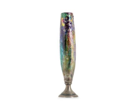 FRENCH ART NOUVEAU, VASE, CAMILLE FAURE  of slender oviform with flaring plated metal base, relief decorated with stylised fl