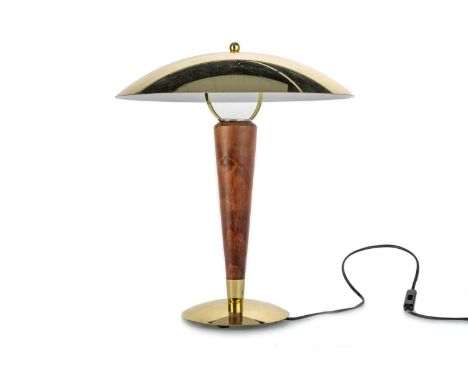 IN THE MANNER OF STILNOVO, ART DECO FRENCH TABLE LAMP, the domed shade above a wooden stem of tapered form, raised on a domed