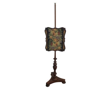 PAIR OF WILLIAM IV ROSEWOOD BANNERET POLE SCREENS, each with shaped rectangular tapestry panel, on plain column above a turne