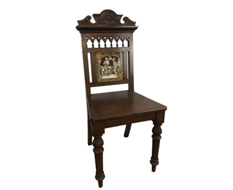 VICTORIAN OAK HALL CHAIR, the chair inset with a Minton's ceramic tile reading "Rob Roy, in Glasgow Tolbooth"98cm high