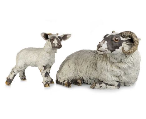 LESLEY D MCKENZIE, TWO ANIMAL SCULPTURES, CONTEMPORARY one modelled as an ewe, posed lying down, the other as a lamb, posed s