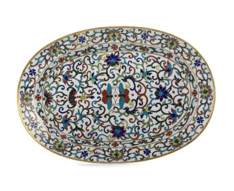 CHINESE CLOISONNE ENAMEL DISH, JIAQING STYLE, THOUGH LATE 19TH/EARLY 20TH CENTURY  of oval form, decorated with two butterfli