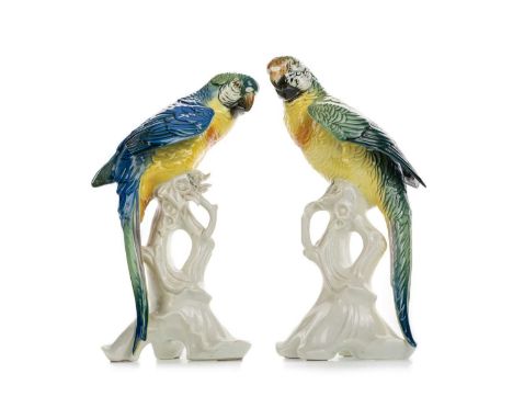 FOUR KARL ENS CERAMIC BIRD FIGURES, EARLY / MID 20TH CENTURY comprising parrots and cockatoos, with stamped marksthe largest 