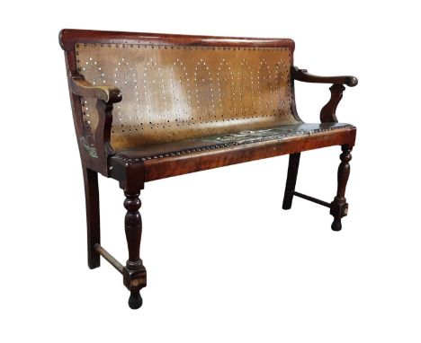 MAHOGANY AND BENTWOOD RAILWAY WAITING ROOM BENCH, LATE 19TH/EARLY 20TH CENTURY  with Gothic pierced tracery to the backrest a