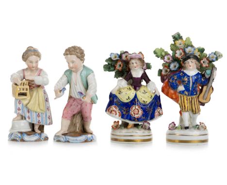 DRESDEN, PAIR OF PORCELAIN FIGURES, ALONG WITH A FURTHER PAIR OF FIGURES each late 19th / early 20th century, modelled as mal