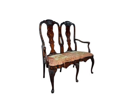 DUTCH MARQUETRY CHAIR BACK SOFA inlaid with flowers and birds, with woolwork seat on Queen Anne supports117cm high, 115cm wid