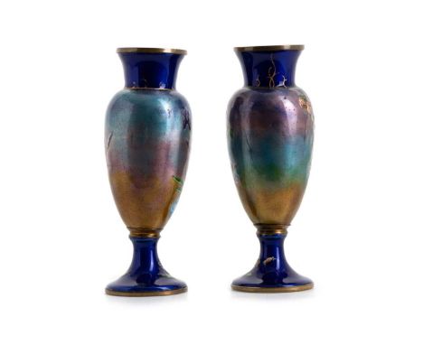 AUSTRIAN ART NOUVEAU, PAIR OF VASES, EARLY 20TH CENTURY   of baluster form, each enamel decorated with a maiden in garden set