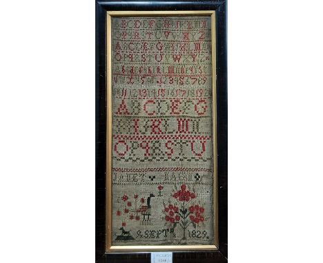 NEEDLEWORK ALPHABETICAL AND PICTORIAL SAMPLER, EARLY 19TH CENTURY  worked by Janet Nairn, Sept. 1829, along with another larg