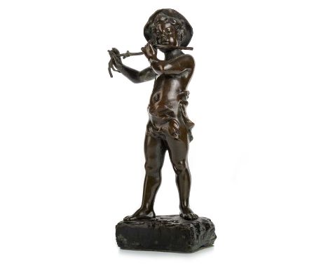 VICTORIAN BRONZE SCULPTURE, LATE 19TH CENTURY modelled as a young boy playing a flute, over a naturalistically modelled oblon