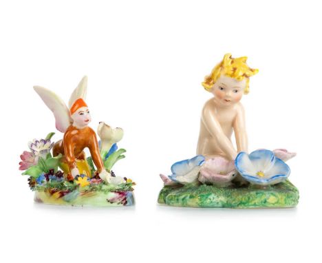 CROWN STAFFORDSHIRE CERAMIC FAIRY FIGURE, ALONG WITH A SIMILAR FIGURE modelled as a fairy amongst flowers, along with a simil