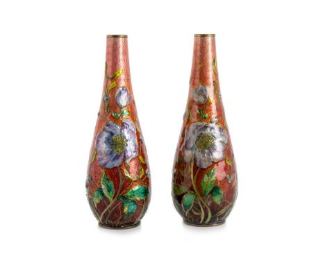 FRENCH ART NOUVEAU, PAIR OF VASES, IN THE MANNER OF JULES SARLANDIE  of oviform with tapering necks, relief decorated with st