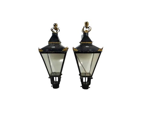 TWO STREET LAMP HOODS, MID 20TH CENTURY each of tapering square form, with crown finials, with maker name plaques for D.W. Wi