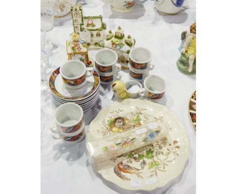 Three Coalport china reproduction pastille burners, three china floral menu holders, cups, saucers and other ceramics 