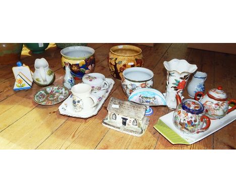 Japanese teapot, Japanese narrow neck vase, cover sugar bowl, Canton saucer, a feeder cup and a Cauldon tray and other cerami