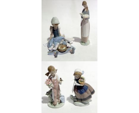 Lladro figure of girl seated feeding duck and ducklings in her lap, another shepherdess, another girl with flowers and bird a