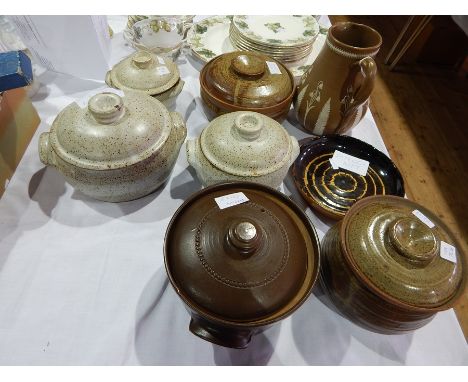 Victorian stoneware jug, white slip applied to brown ground with flowers and fern, six various stoneware covered casseroles a