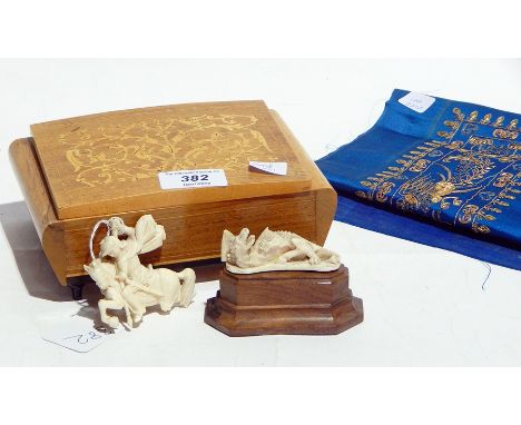 A carved George and the Dragon figure, 5cm, inlaid hardwood trinket box and a blue panel 