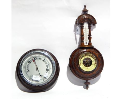 Carved Edwardian Barometer with thermometer above and silvered dial aneroid barometer (2)