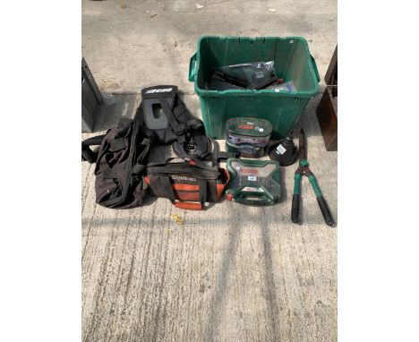 AN ASSORTMENT OF ITEMS TO INCLUDE DRILL BITS, A BOSCH SCREW DRIVER AND SHEARS ETC 