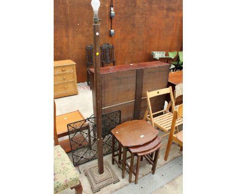 A NEST OF THREE MAHOGANY TABLES, OAK STANDARD LAMP AND WROUGHT IRON FIRESCREEN 