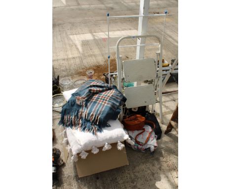 AN ASSORTMENT OF ITEMS TO INCLUDE A STEP LADDER, CUSHIONS AND HANDBAGS ETC 