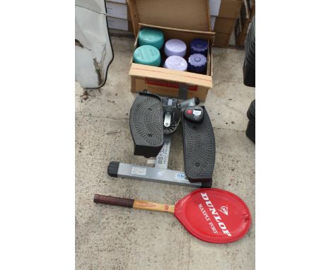A SET OF WEIGHTS, A STEP MACHINE AND A TENNIS RACKET ETC 