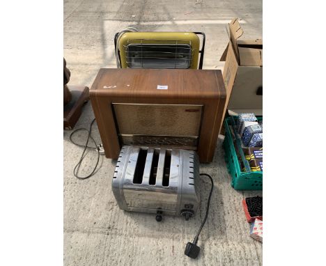 A VINTAGE VALVE RADIO, A HEATER AND A TOASTER ETC 