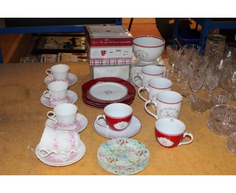 A QUANTITY OF 'BISTROT' MUGS, CUPS, PLATES AND A BOWL, MOST BOXED, PLUS CHINA CUPS AND SAUCERS AND THREE SHELLEY CHINTZ PLATE