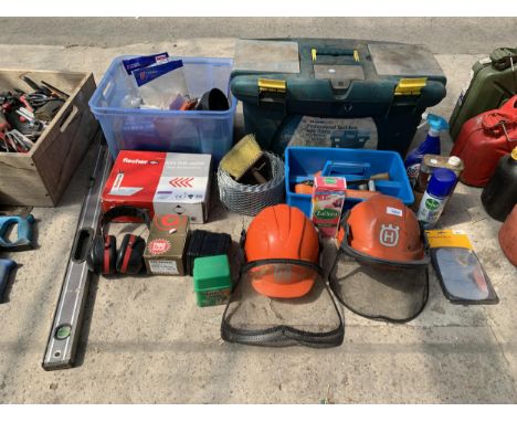 AN ASSORTMENT OF ITEMS TO INCLUDE A TOOL BOX, CHAINSAW HELMETS AND TOOLS ETC 