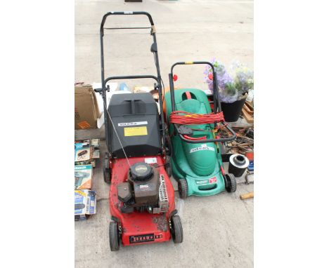 A CHAMPION PETROL ROTARY LAWN MOWER AND A QUALCAST ELECTRIC MOWER 