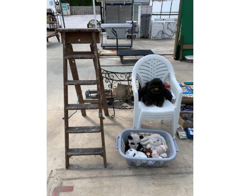 AN ASSORTMENT OF ITEMS TO INCLUDE A METAL DEMI LUNE TABLE, TEDDIES AND A WOODEN STEP LADDER ETC 