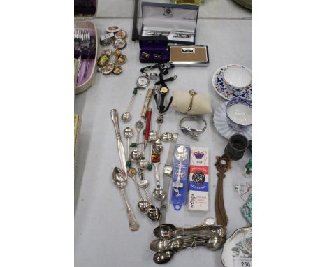 A MIXED LOT TO INCLUDE SIX WRISTWATCHES, A MACKINTOSH PEN AND LETTER OPENER SET IN BOX, SOUVENIR TEASPOONS, A TIMEX NURSES WA