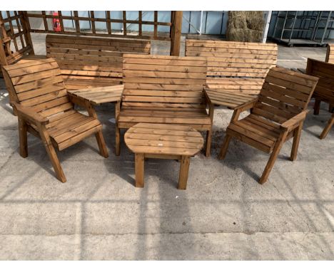 AN AS NEW EX DISPLAY CHARLES TAYLOR PATIO SET COMPRISING OF A TWO SEATER BENCH, TWO CHAIRS, TWO CONNECTING TABLES AND A COFFE