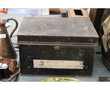 A LARGE VINTAGE DEEDS BOX WITH TWO KEYS 