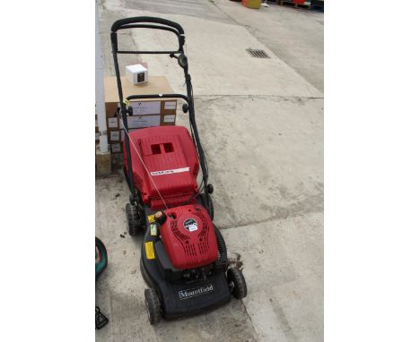 A MOUNTFIELD PETROL ENGINE ROTARY LAWN MOWER WITH GRASS BOX 